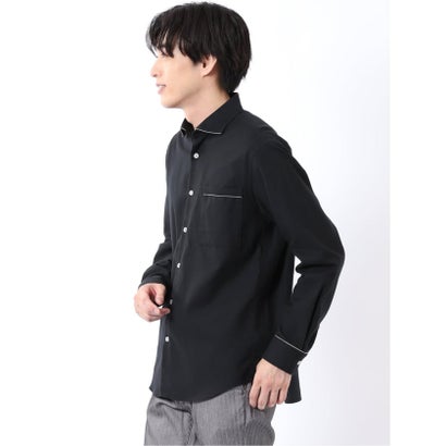 シャツ メンズ 長袖 起毛 フランネル 綿 コットン ワイドカラー 無地 パイピング （ワイン）｜詳細画像