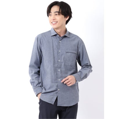シャツ メンズ 長袖 起毛 フランネル 綿 コットン ワイドカラー 無地 パイピング （ワイン）｜詳細画像