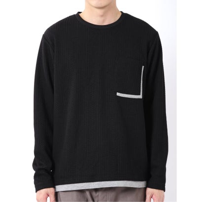 Tシャツ メンズ 長袖 ストレッチ クルーネック フェイクレイヤード 胸ポケット ニット風 ジャガード （白）｜詳細画像