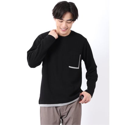 Tシャツ メンズ 長袖 ストレッチ クルーネック フェイクレイヤード 胸ポケット ニット風 ジャガード （白）｜詳細画像