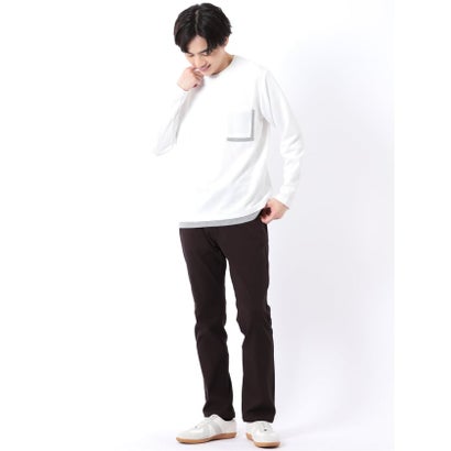 Tシャツ メンズ 長袖 ストレッチ クルーネック フェイクレイヤード 胸ポケット ニット風 ジャガード （白）｜詳細画像