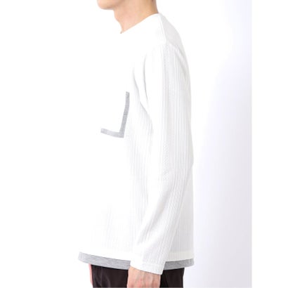 Tシャツ メンズ 長袖 ストレッチ クルーネック フェイクレイヤード 胸ポケット ニット風 ジャガード （白）｜詳細画像