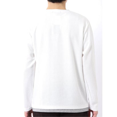 Tシャツ メンズ 長袖 ストレッチ クルーネック フェイクレイヤード 胸ポケット ニット風 ジャガード （白）｜詳細画像