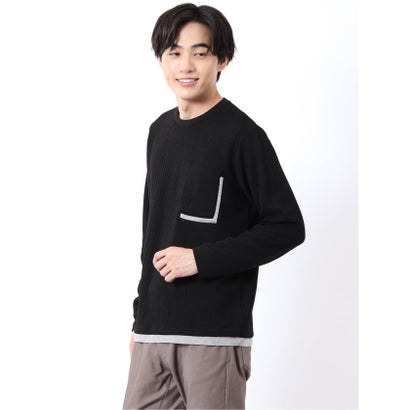 Tシャツ メンズ 長袖 ストレッチ クルーネック フェイクレイヤード 胸ポケット ニット風 ジャガード （黒）｜詳細画像