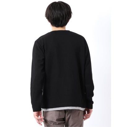 Tシャツ メンズ 長袖 ストレッチ クルーネック フェイクレイヤード 胸ポケット ニット風 ジャガード （黒）｜詳細画像