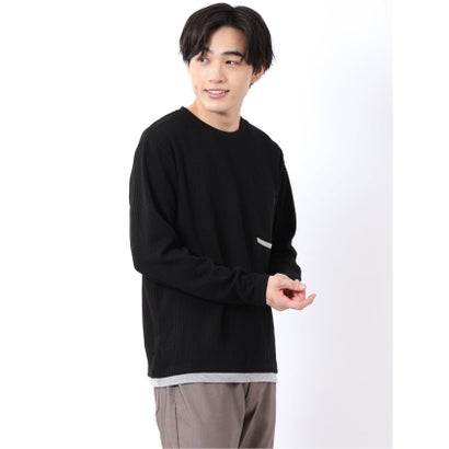 Tシャツ メンズ 長袖 ストレッチ クルーネック フェイクレイヤード 胸ポケット ニット風 ジャガード （黒）｜詳細画像