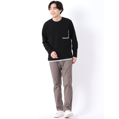 Tシャツ メンズ 長袖 ストレッチ クルーネック フェイクレイヤード 胸ポケット ニット風 ジャガード （黒）｜詳細画像