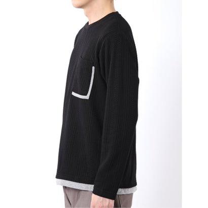 Tシャツ メンズ 長袖 ストレッチ クルーネック フェイクレイヤード 胸ポケット ニット風 ジャガード （黒）｜詳細画像