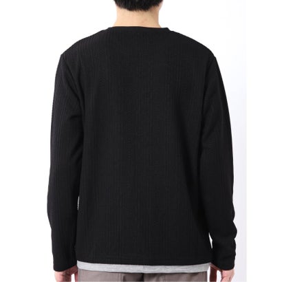 Tシャツ メンズ 長袖 ストレッチ クルーネック フェイクレイヤード 胸ポケット ニット風 ジャガード （黒）｜詳細画像