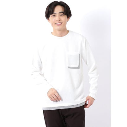 Tシャツ メンズ 長袖 ストレッチ クルーネック フェイクレイヤード 胸ポケット ニット風 ジャガード （黒）｜詳細画像