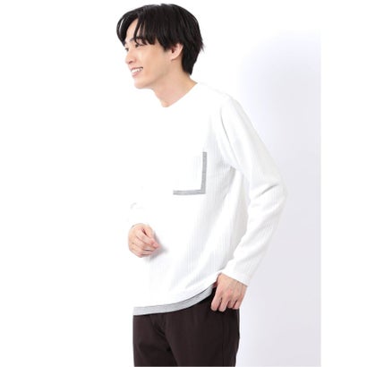 Tシャツ メンズ 長袖 ストレッチ クルーネック フェイクレイヤード 胸ポケット ニット風 ジャガード （黒）｜詳細画像