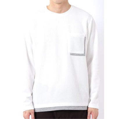 Tシャツ メンズ 長袖 ストレッチ クルーネック フェイクレイヤード 胸ポケット ニット風 ジャガード （黒）｜詳細画像