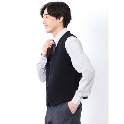 ニット ジレ ベスト メンズ ストレッチ ハンドウォッシャブル 前開き ウール混 グレンチェック （紺）｜詳細画像