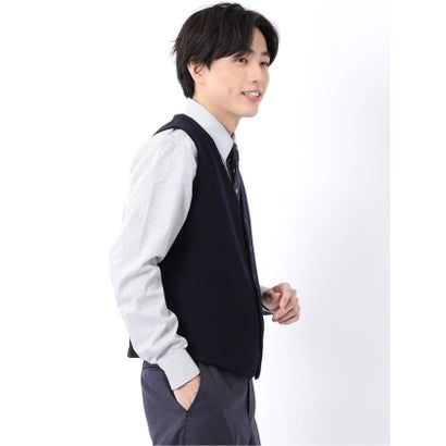 ニット ジレ ベスト メンズ ストレッチ ハンドウォッシャブル 前開き ウール混 グレンチェック （紺）｜詳細画像