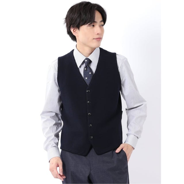 ニット ジレ ベスト メンズ ストレッチ ハンドウォッシャブル 前開き ウール混 グレンチェック （紺）