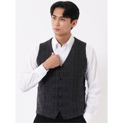 エムエフエディトリアル m.f.editorial ニット ジレ ベスト メンズ ストレッチ ハンドウォッシャブル 前開き ウール混 グレンチェック （グレー）｜詳細画像