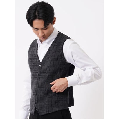 エムエフエディトリアル m.f.editorial ニット ジレ ベスト メンズ ストレッチ ハンドウォッシャブル 前開き ウール混 グレンチェック （グレー）｜詳細画像