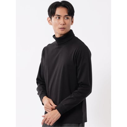Tシャツ メンズ 長袖 ストレッチ 抗菌防臭 UV 綿 コットン 無地 シルケット スムス タートルネック ドレスT （黒）｜詳細画像