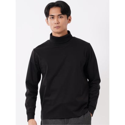 Tシャツ メンズ 長袖 ストレッチ 抗菌防臭 UV 綿 コットン 無地 シルケット スムス タートルネック ドレスT （黒）｜詳細画像