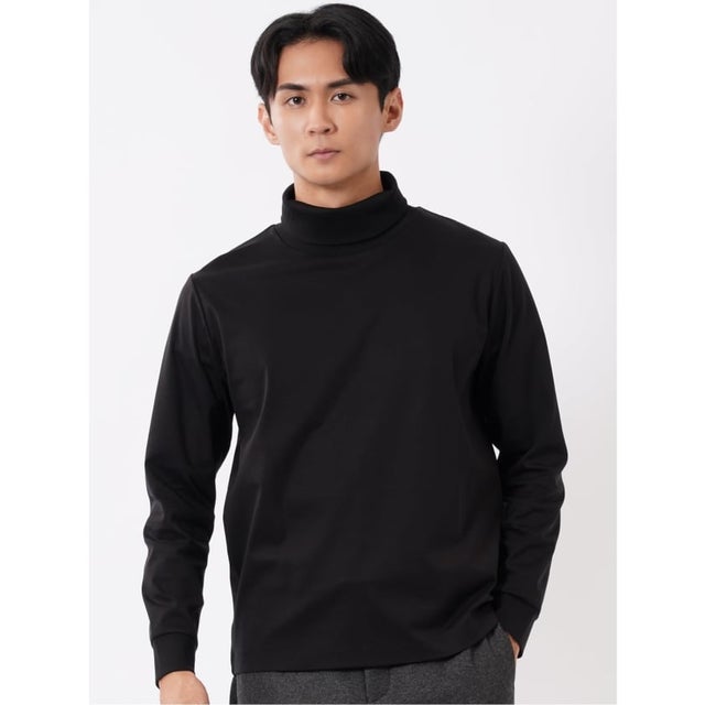 Tシャツ メンズ 長袖 ストレッチ 抗菌防臭 UV 綿 コットン 無地 シルケット スムス タートルネック ドレスT （黒）