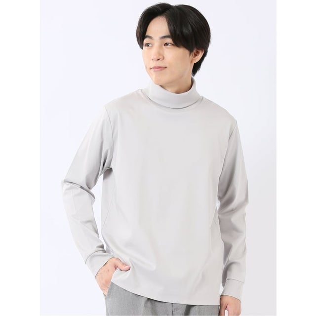 Tシャツ メンズ 長袖 ストレッチ 抗菌防臭 UV 綿 コットン 無地 シルケット スムス タートルネック ドレスT （ライトグレー）
