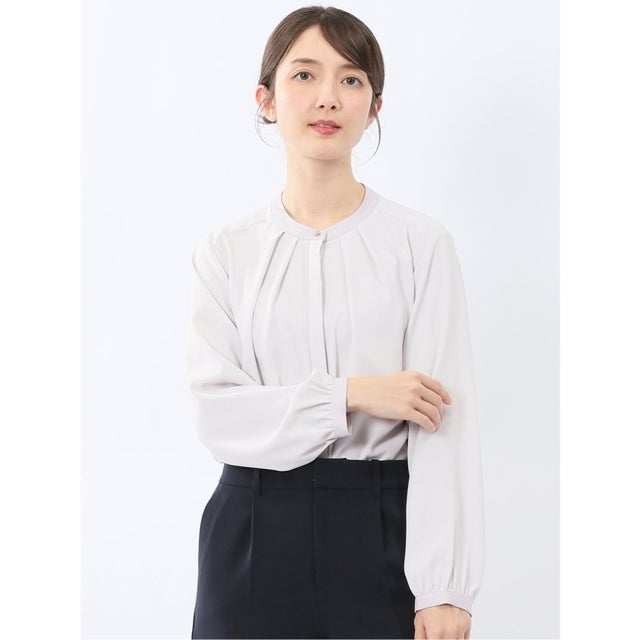 バンドカラー配色 比翼 長袖ブラウス （ライトグレー）