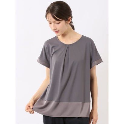 Tシャツ プルオーバー レディース 半袖 ストレッチ 接触冷感 クルーネック サテン 切替 （茶）｜詳細画像