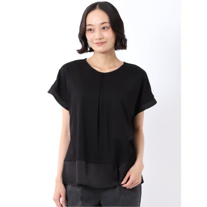 Tシャツ プルオーバー レディース 半袖 ストレッチ 接触冷感 クルーネック サテン 切替 （茶）｜詳細画像
