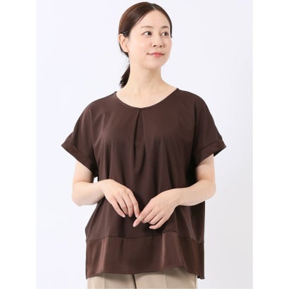 Tシャツ プルオーバー レディース 半袖 ストレッチ 接触冷感 クルーネック サテン 切替 （アイボリー）｜詳細画像
