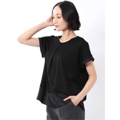 Tシャツ プルオーバー レディース 半袖 ストレッチ 接触冷感 クルーネック サテン 切替 （黒）｜詳細画像