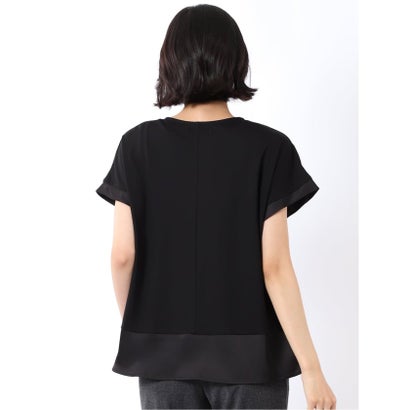 Tシャツ プルオーバー レディース 半袖 ストレッチ 接触冷感 クルーネック サテン 切替 （黒）｜詳細画像