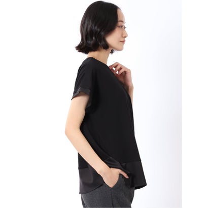 Tシャツ プルオーバー レディース 半袖 ストレッチ 接触冷感 クルーネック サテン 切替 （黒）｜詳細画像
