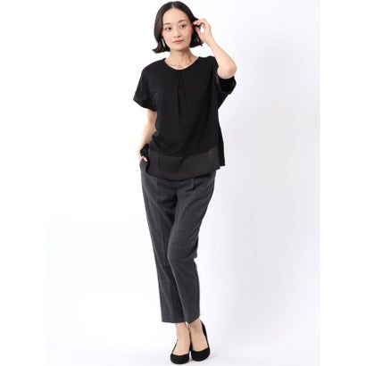 Tシャツ プルオーバー レディース 半袖 ストレッチ 接触冷感 クルーネック サテン 切替 （黒）｜詳細画像