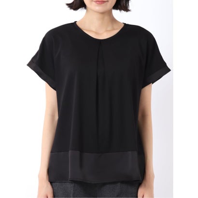 Tシャツ プルオーバー レディース 半袖 ストレッチ 接触冷感 クルーネック サテン 切替 （黒）｜詳細画像