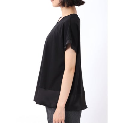 Tシャツ プルオーバー レディース 半袖 ストレッチ 接触冷感 クルーネック サテン 切替 （黒）｜詳細画像