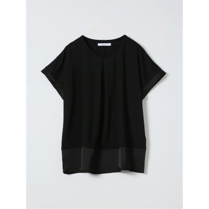 Tシャツ プルオーバー レディース 半袖 ストレッチ 接触冷感 クルーネック サテン 切替 （黒）｜詳細画像