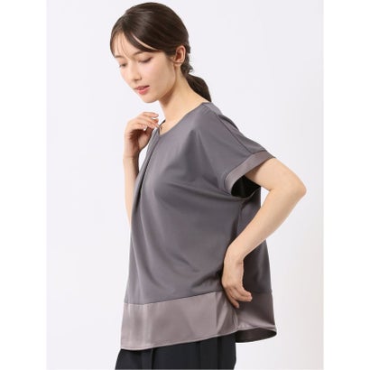 Tシャツ プルオーバー レディース 半袖 ストレッチ 接触冷感 クルーネック サテン 切替 （黒）｜詳細画像