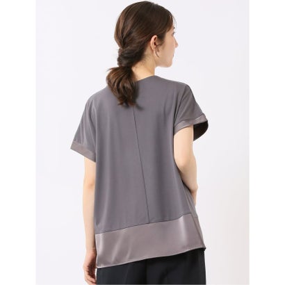 Tシャツ プルオーバー レディース 半袖 ストレッチ 接触冷感 クルーネック サテン 切替 （黒）｜詳細画像