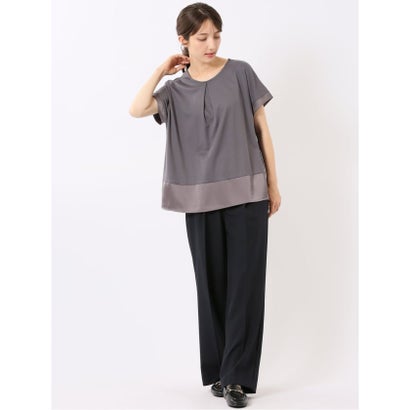 Tシャツ プルオーバー レディース 半袖 ストレッチ 接触冷感 クルーネック サテン 切替 （黒）｜詳細画像
