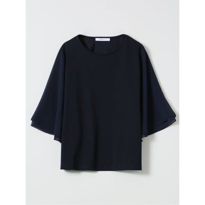 Tシャツ プルオーバー レディース 接触冷感 無地 クルーネック フレアスリーブ 楊柳 切替 （紺）｜詳細画像
