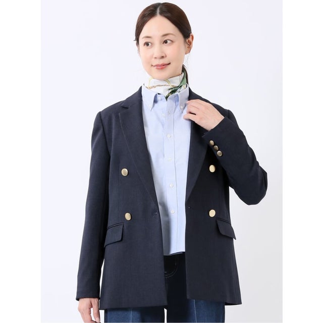 【ストレッチ ウォッシャブル】 ジャケット レディース ダブル ブレザー ストレッチ ウォッシャブル 金ボタン 紺ブレ シャンブレー シャーク リラクシング （紺）