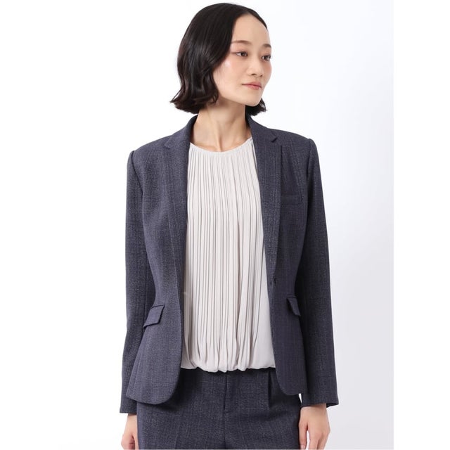 【ストレッチ ウォッシャブル】 ジャケット レディース ビジネス セットアップ可能 ストレッチ ウォッシャブル 1ボタン テーラード グレンチェック 紺 （紺）