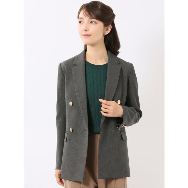 【ストレッチ ウォッシャブル】 ジャケット レディース ダブル ブレザー ストレッチ ウォッシャブル 金ボタン 千鳥格子 ウール調 リラクシング （グレー）