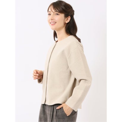 カーディガン レディース 長袖 ストレッチ クルーネック スナップボタン ウーリッシュ カットアウター ややゆったり （ベージュ）｜詳細画像