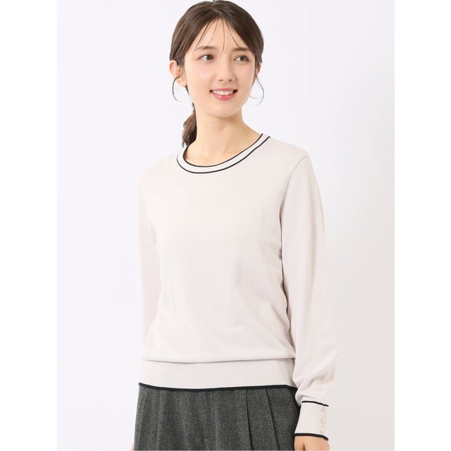 ニット プルオーバー レディース 長袖 ストレッチ ウォッシャブル UV 静電防止 アンチピリング クルーネック 配色 セーター （ベージュ）