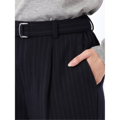 エムエフエディトリアル m.f.editorial パンツ レディース ストレッチ 静電防止 ベルト付き 起毛 テーパード ワンタック センタープレス バックシャーリング （紺）｜詳細画像