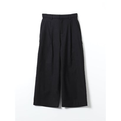 パンツ レディース ストレッチ 裏起毛 ワイド ワンタック バックシャーリング レーヨンナイロン 無地 ややゆったり （黒）｜詳細画像