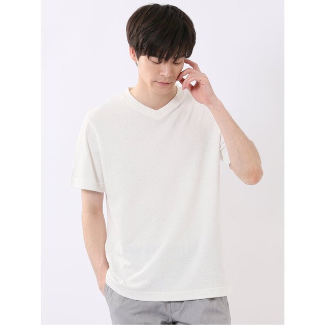 ヘリンボン ジャガード Vネック 半袖 Tシャツ （白）