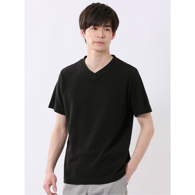 ヘリンボン ジャガード Vネック 半袖 Tシャツ （黒）