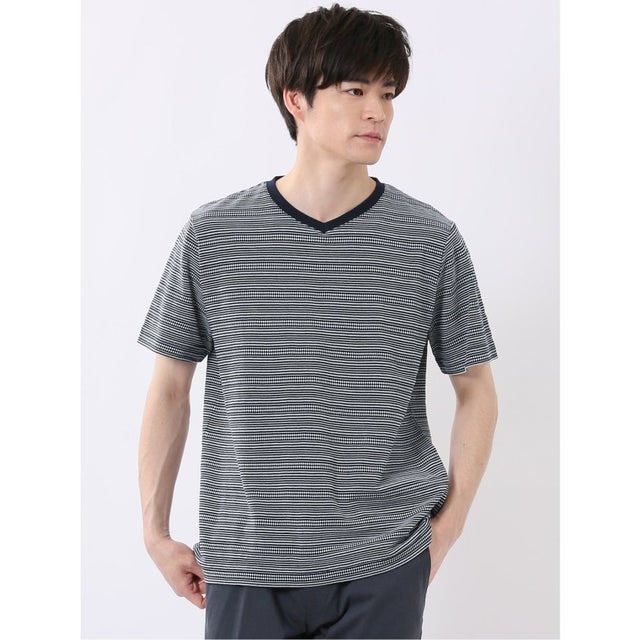 ポップコーン ボーダー Vネック 半袖 Tシャツ （紺）